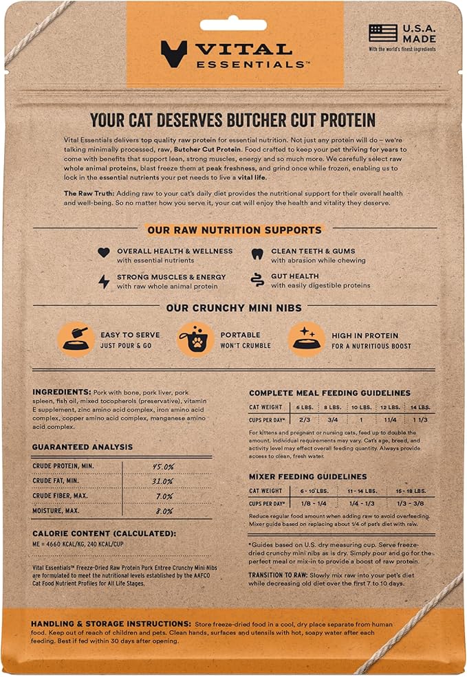 Vital Essentials Freeze-Dried Raw Pork Meal or Mixer Cat Food Crunchy Nibs, 12 oz