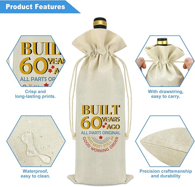 60th Birthday Gifts for Women Men Wine Bag Best Friend Friendship Gift 60 Year Old Birthday Gifts for Grandma Grandpa Husband Wife 60th Anniversary Wedding Gift Party Decoration Wine Bottle Bag Cover