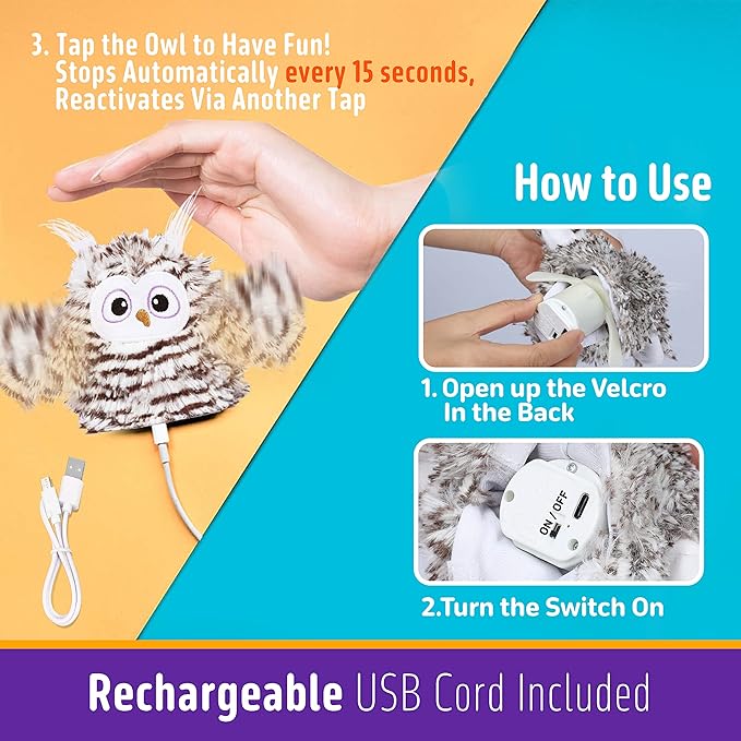 Interactive Cat Toy Rechargeable Automatic Chirping Owl Kitten Toy with Catnip, Auto Beating Wings Flying Bird Cat Toys for Indoor Cats to Play Alone, Never Boredom