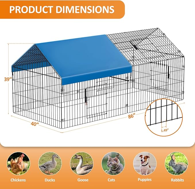 INJOPEXI Metal Chicken Coop 86"×40"×39" Chicken Runs for Yard with Cover Chicken Playpen Enclosure Chicken Pen Kennel Duck CoopCage for Outdoor Backyard Farm Rabbit Small Animal Dog Poultry Cat Hutch