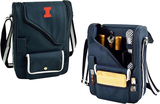 Illinois University Licensed Fighting Illini Deluxe Wine Carrier with Wine Glasses and Accessories for Two Assembled & Quality Approved in The USA