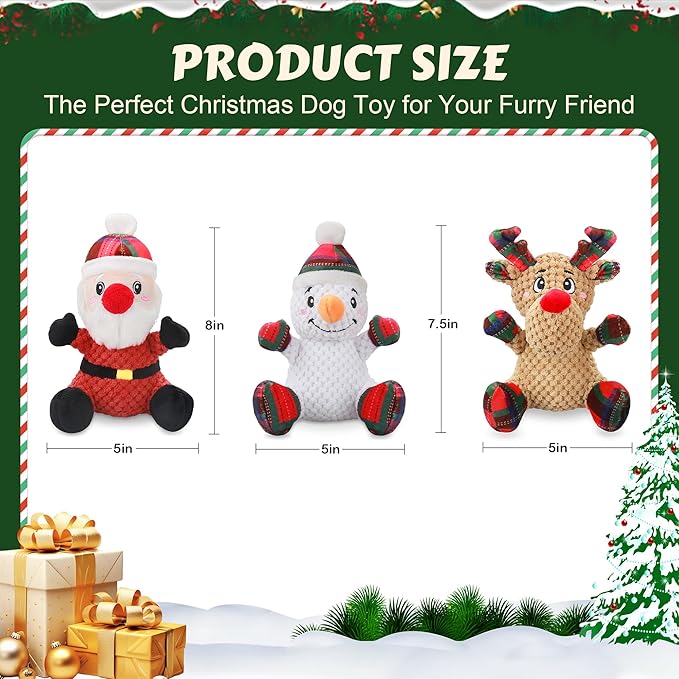 Squeaky Dog Toys, 3 Pack Dog Chew Toys with Crinkle Paper for Puppy, Small, Medium, Large Dogs, Interactive Pet Holiday Toys for Training and Reducing Boredom