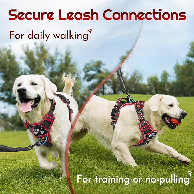 Eagloo Dog Harness for Large Dogs, Easy Wearing with 3 Buckles, Adjustable No Pull Pet Harness with 2 Rings for Walking, No Chock Reflective Soft Padded Vest with Control Handle, Black & Red, XL