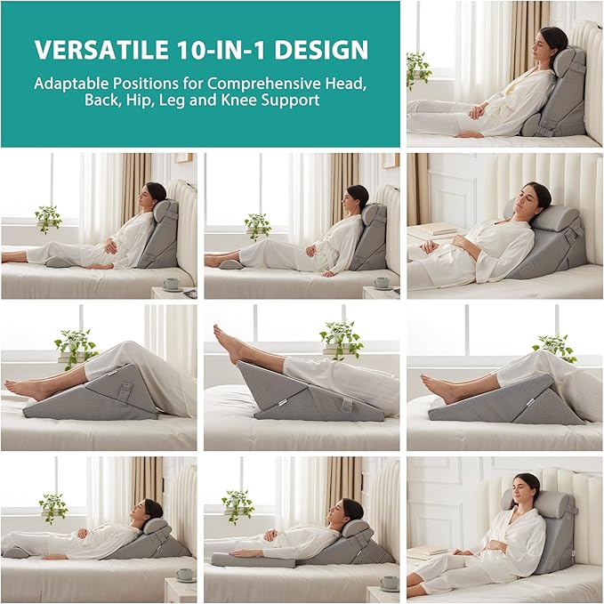 Adjustable 4pcs Bed Wedge Pillow Set, Memory Foam Wedge Pillow Post Surgery for Back, Neck, Leg Pain Relief, Pillow Wedge for Sleeping, Sitting up in Bed, Acid Reflux and GERD, Grey