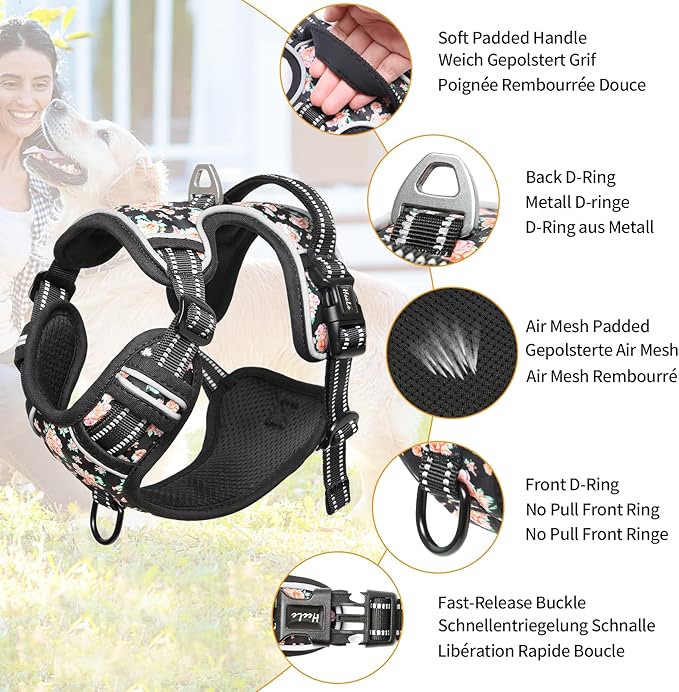 HEELE Dog Harness, No Pull Adjustable Padded Reflective Harness for Small Medium Large Dogs with Handle for Walking Training, Flower-Black, XL