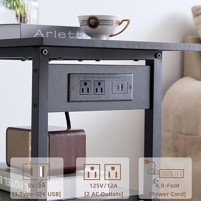 Lerliuo 3-Tier Printer Stand with Charging Station, Industrial Mobile Printer Table with Storage Shelf and Steel Frame, Rolling Printer Cart Holder with Lockable Wheels for Home, Office (Black)