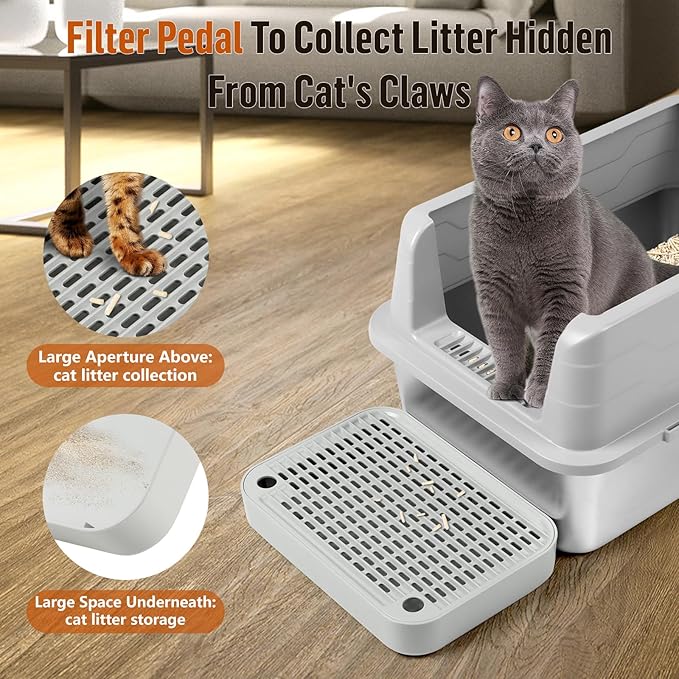 Cat Litter Box Ramp Mat with Filter Function, Cat Step Pedal Stool for Self-Cleaning Litter Box, Easy to Clean, Ideal for Kitten & Elderly Cats (Light Grey)