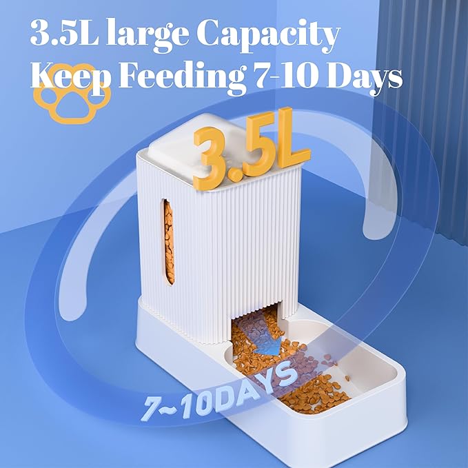 Automatic Cat Feeder and Water Dispenser 2Pcs, Dog Gravity Food Feeder and Water Bowl for Small Medium Pets Puppy Kitten, 3.5L/118.36oz Large Capacity, Easy to Clean (White)