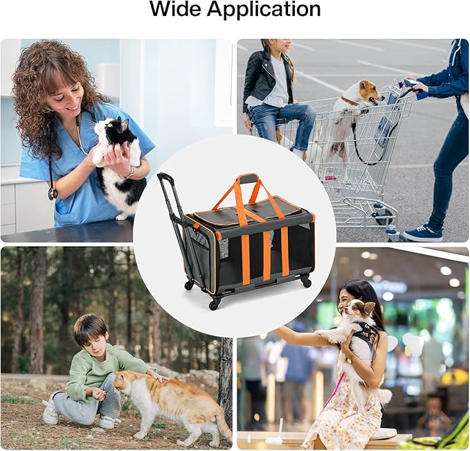 MILADA Large Cat Carrier for 2 Cats, Soft Big Pet Carrier with Wheels, Double Cat Carrier on Wheels, Rolling Pet Carrier for Travel Hiking Shopping and Camping（Not for Air Travel）, Orange