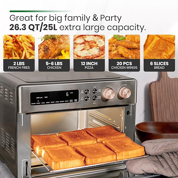 Infrared Heating Air Fryer Toaster Oven, Extra Large Countertop Convection Oven 10-in-1 Combo, 6-Slice Toast, Enamel Baking Pan Easy Clean with Recipe Book, Black Matte Stainless Steel