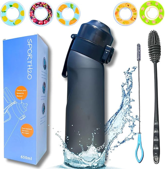 Air Water Bottle 650ml – Water Bottle With 5 Scented Pods, 0% Sugar BPA Free Cup with Bottle & Straw Brushes | Suitable for Outdoor | Sports | Gift Idea (New Black + 5 Pods)