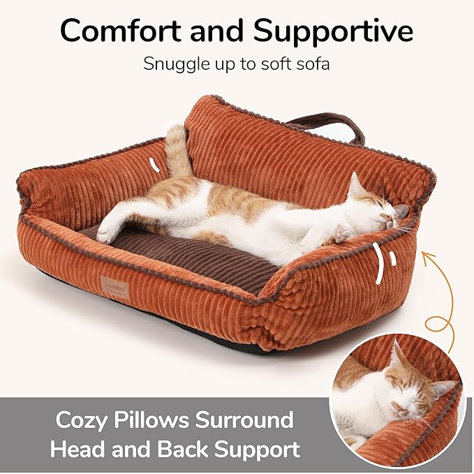 FUKUMARU Cat Couch Bed, Fluffy Corduroy Cat Beds for Indoor Cats with Washable Cover, Waterproof Small Dog Sofa Beds with Portable Handle and Anti-Slip Bottom, Pet Beds & Furniture 28inch, Orange