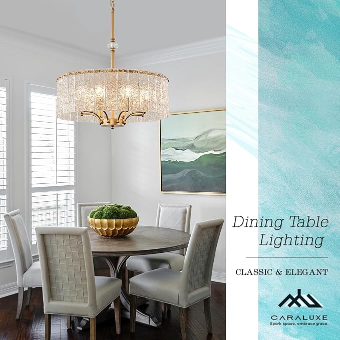 Modern Glass Chandelier Gold Drum Chandelier Light Fixture Round 24in Dining Room Chandelier Lighting 8 Light Ripple Glass Chandelier for Living Room Bedroom Entry Foyer