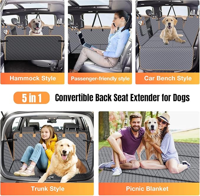 Dog Car Seat Cover for Back Seat, Dog Car Bed Cover with Strong Hard Bottom, Car Back Seat Extender Hammock for Car SUV Truck 4 Panels Gray Color Large Size