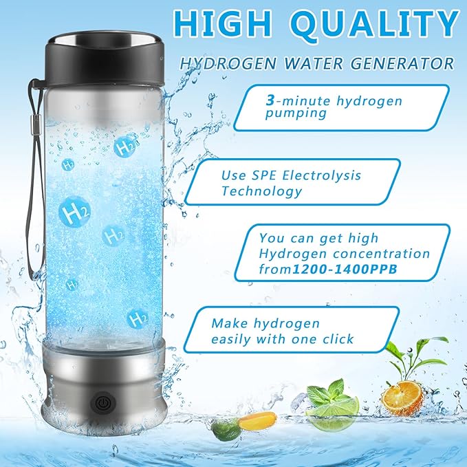 Hydrogen Water Bottle,2024SPE/PEM Technology Hydrogen-Rich Water Bottle Hydrogen Concentration(+1300ppb),460ml Rechargeable/Portable Hydrogen Water Machine for Office/Daily/Travel /Gifts for Women&Men