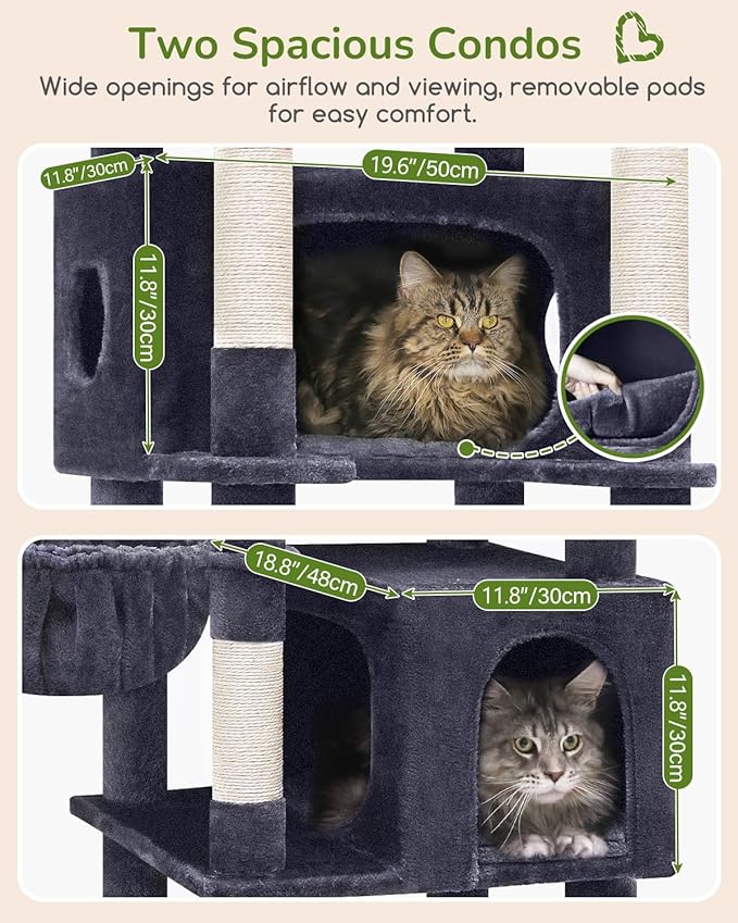 Globlazer Heavy Duty Cat Tree, 74in Sturdy Cat Tower for Large Cats Adult, Big Cat Tree with 5 Sisal Scratching Posts, 2 Padded Condos, 2 Dual-Ear Hanging Baskets, Enlarged Top Perch, S74, Dark Grey