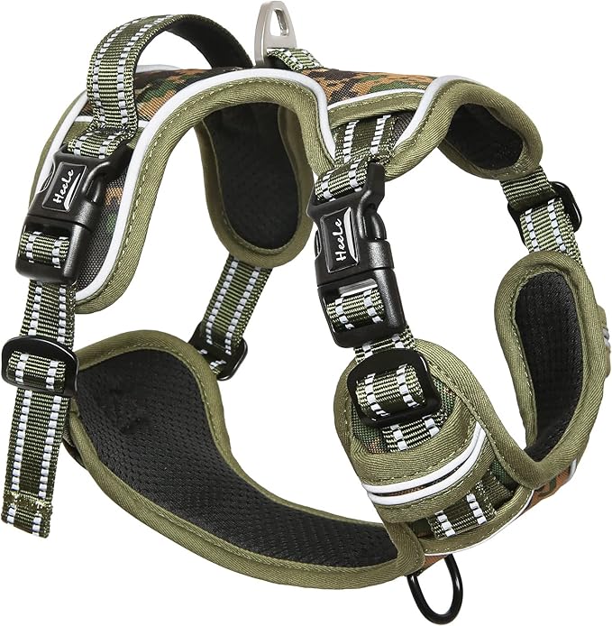 HEELE Dog Harness, No Pull Adjustable Padded Reflective Harness for Small Medium Large Dogs with Handle for Walking Training, Camo Green, S