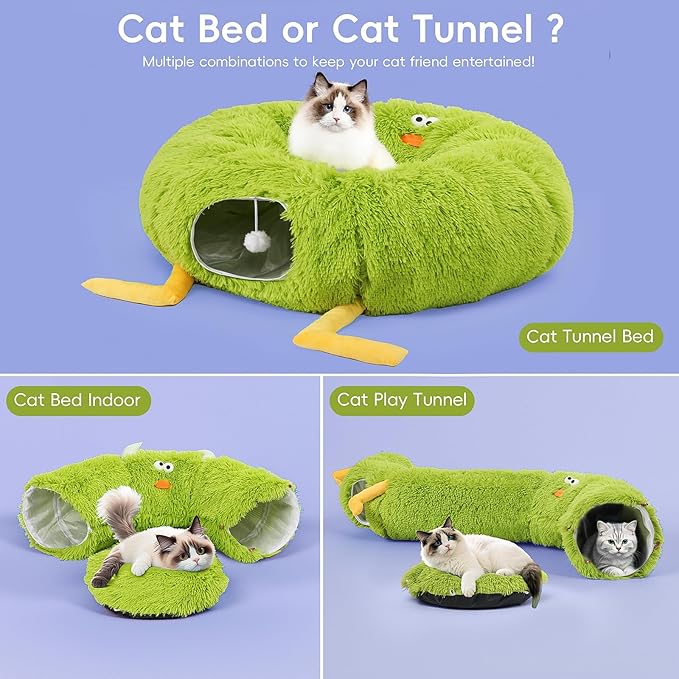 Cat Tunnel Bed for Indoor Cats - Cute Cat Donut Tunnel with Washable Circle Cushion - Multi-Purpose Cat Bed & Peekabo Cave, Pet Playground Toys for Kittens, Puppy, Rabbit (Green)