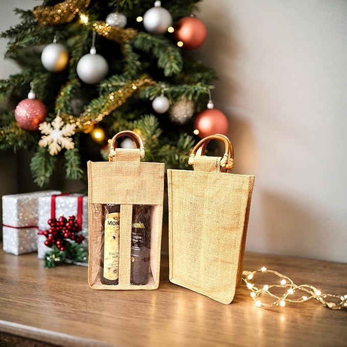 Bulap Wine Gift Bags with Window - 2 Pcs Natural Jute Wine bottle Carrier Bags for Birthday, Wedding, Anniversary, Party, Festival, Christmas Gift (2x Bags for 2-Bottles)
