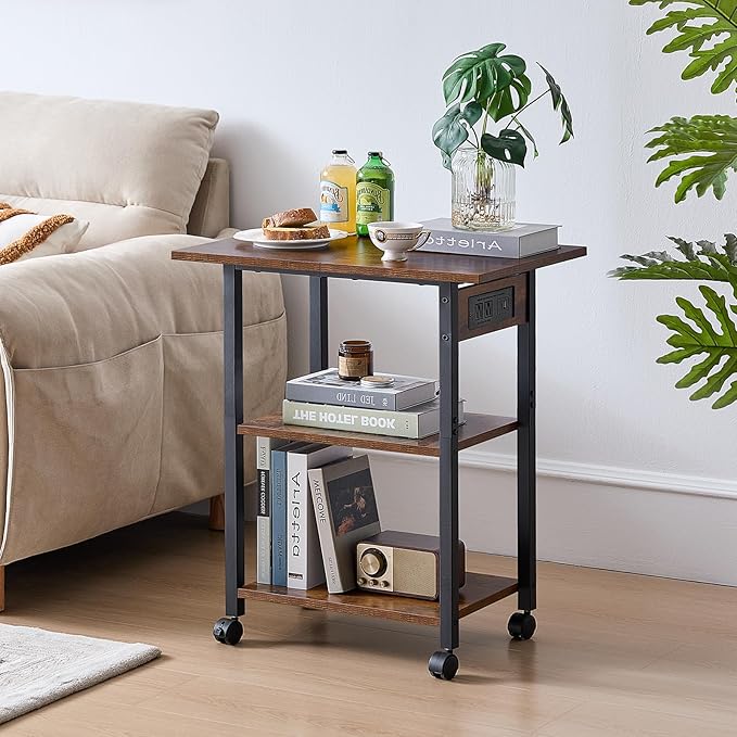 Lerliuo 3-Tier Printer Stand with Charging Station, Industrial Mobile Printer Table with Storage Shelf and Steel Frame, Rolling Printer Cart Holder with Lockable Wheels for Home, Office (Brown)