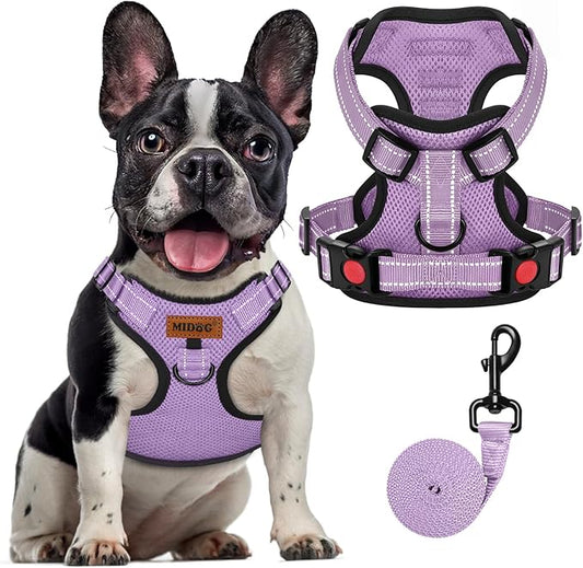 MIDOG No-Pull Dog Harness | Adjustable & Reflective Pet Harness Leash Set for Small Medium Large Dogs Walking, Training| No Choke, Front Clip, Soft Padded Vest with Easy Control Handle - Purple, M