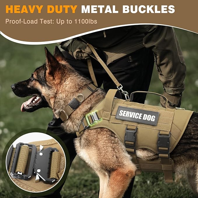 WINSEE Tactical Dog Harness with Dog Leash, Dog Collar, Service Working MOLLE Vest with 10 Pet Patches for Medium Dog, No Pull Military Harness and Backpack with Airtag Holdler