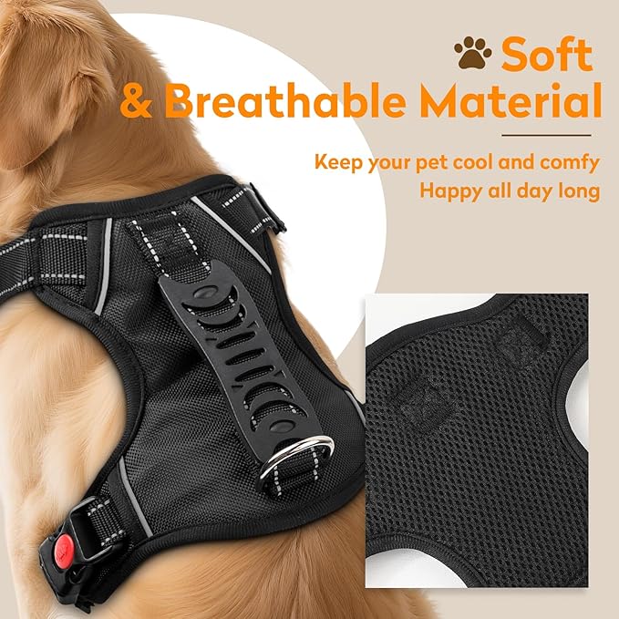 No Pull Dog Harness with 2 Leash Clips, Reflective Adjustable Soft Padded Vest with Handle, Breathable Oxford No Choke Pet Vest for Large Dogs, Black,L