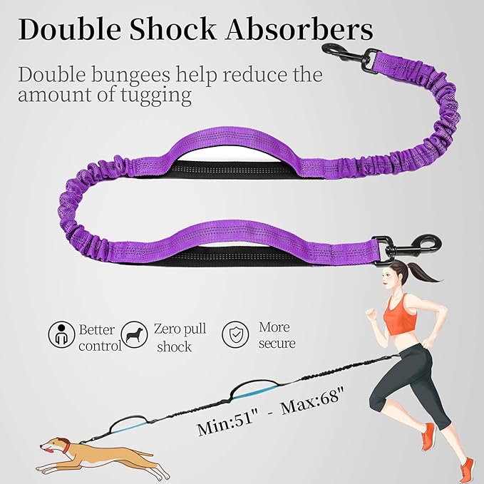 iYoShop Hands Free Dog Leash with Zipper Pouch, Dual Padded Handles and Durable Bungee for Walking, Jogging and Running Your Dog (Large, 25-120 lbs, Purple)