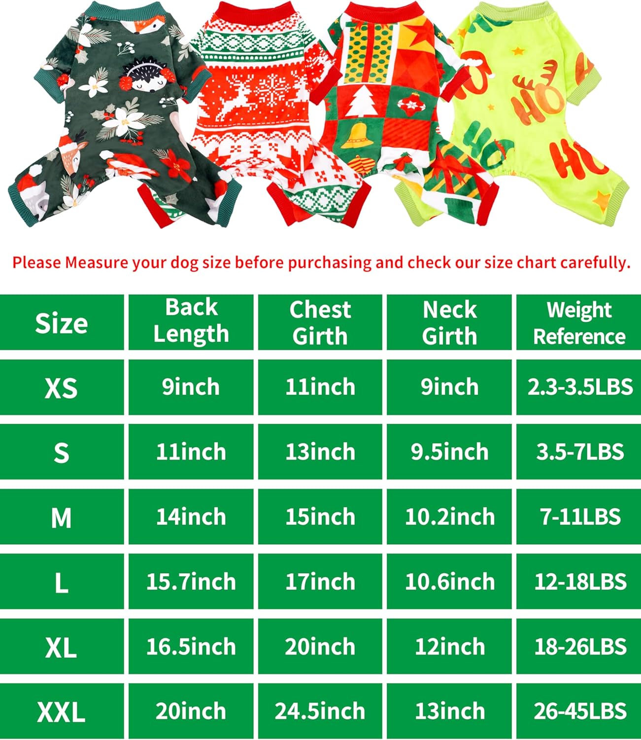 PET SHOW 4 Pack Christmas Small Dog Pajamas Holiday Dog Clothes for Medium Dogs Girl Boy Soft Stretchy PJs Xmas Jumpsuit Puppy Onesies Red Green Outfits with Sleeve Pets Dachshund Costume XL