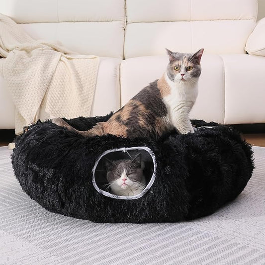 Plush Cat Tunnel Bed for Indoor Cats with Soft Cushion, Multi-Shape Play Cave with Hanging Balls, Large and Foldable Cat Donut Tunnel for Small and Large Pets (Black)