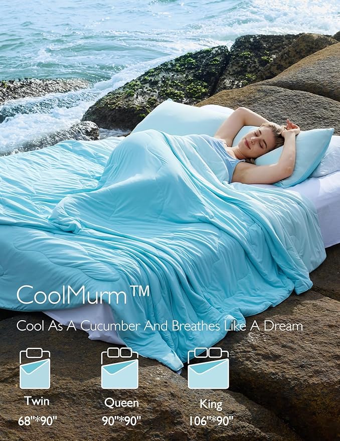 Momcozy Life CoolMurm Cooling Comforter for Hot Sleepers, Twin/Twin XL 68" x90” Pregnancy Cooling Blanket, All-Season Lightweight Soft Breathable Cooling Quilt Duvet, Cool All Night, Deep Light Blue
