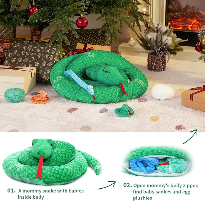 MorisMos Giant Snake Stuffed Animals Mommy with Babies, Realistic Snake Plush Toy,Large Stuffed Snake with Babies & Egg Plushies, Long Green Boa Constrictor Anaconda Toys for Kid Girl Boy Christmas