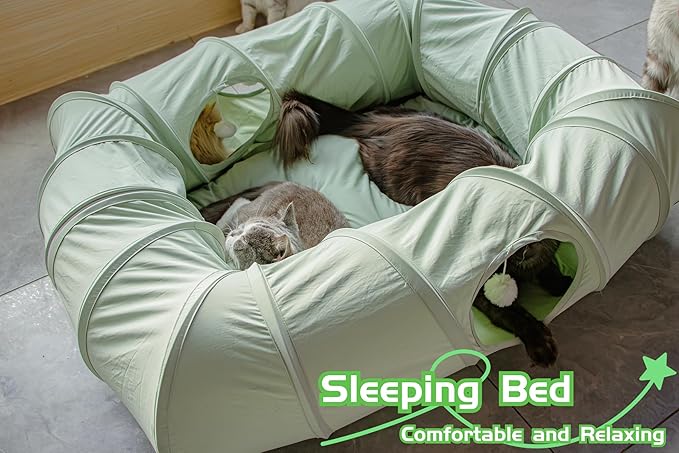 XxingSheep 4 Ways Shuttled XL Cat Tunnel Bed for Indoor Cats Peekaboo Cat Cave Donut with Cool Mat (Green)