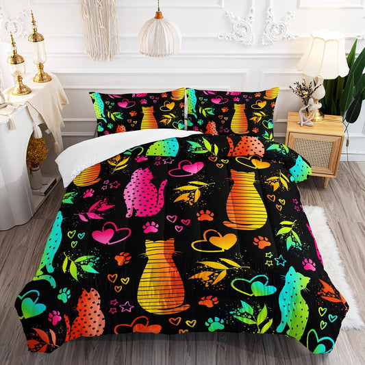 Kawaii Cat Animal Comforter 3Pcs Twin Lovely Pet Cat Bedding Set for Kid Teen Girl Boy Adult Room Decor Cartoon Kitten Paw Heart Bamboo Leaf Pattern Quilt with 1 Comforter and 2 Pillowcases