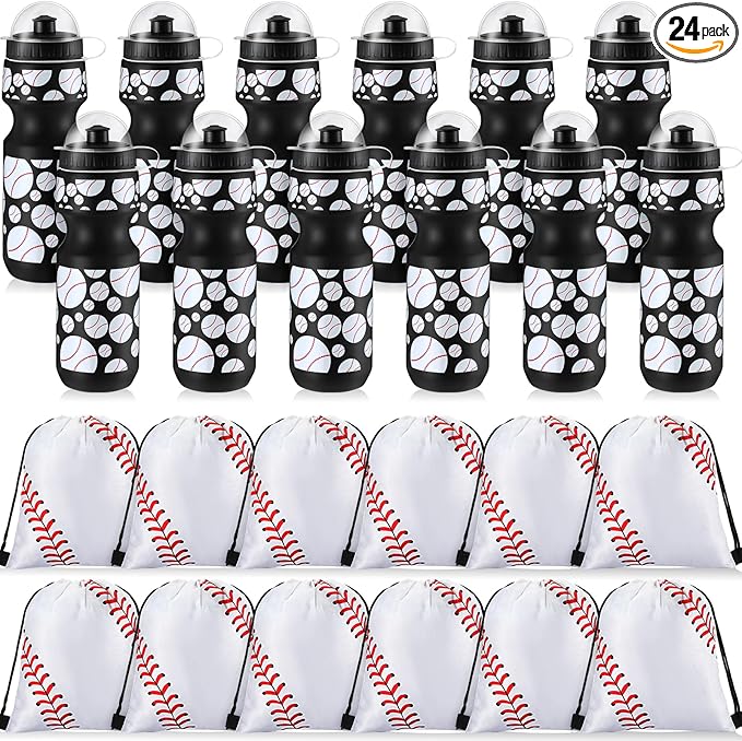 24 Pcs 24 oz Baseball Water Bottle Bulk and Drawstring Bag Set 12 Reusable Plastic Biking Water Bottle Tumbler 12 Sport Gym Goodie Gift Bag for Party Favor (Black)