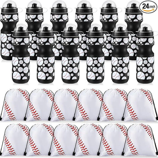 24 Pcs 24 oz Baseball Water Bottle Bulk and Drawstring Bag Set 12 Reusable Plastic Biking Water Bottle Tumbler 12 Sport Gym Goodie Gift Bag for Party Favor (Black)