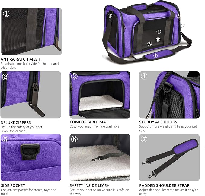 Large Cat Carriers Dog Carrier Pet Carrier for Large Cats Dogs Puppies up to 25Lbs, Big Dog Carrier Soft Sided, Collapsible Travel Puppy Carrier - Large - Purple