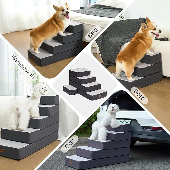 4-Step Adjustable Dog Stairs for Beds, Dog Steps for Small Dogs and Cats, Foldable Pet Stairs for Bed Climbing, Non-Slip Pet Step Indoor, Grey