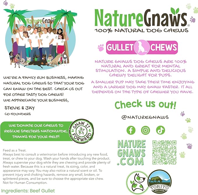Nature Gnaws Beef Gullet Chews for Small Dogs 4-5" (50 Count) - Natural Beef Jerky Stick Dog Chew Treats - Rawhide Free
