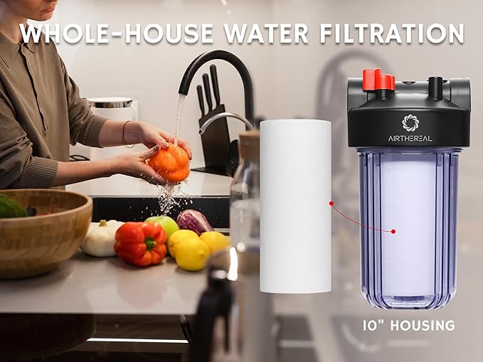 Airthereal Whole House Water Filter Housing, 10" x 4.5" Sediment Carbon Cartridge Universal Housing, Pre-Filtration System for Well and City Water, Clear Housing Include 1-Pack PP Filter