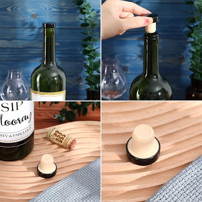 T-shaped Stopper Cork Wine Stopper Bottle Stoppers Reusable Wine Bottle Stopper Sealing Plug Bottle Cap for Wine Beer Bottles DIY Craft (Black, Silver, Gold, Rose Gold,24 Pieces)