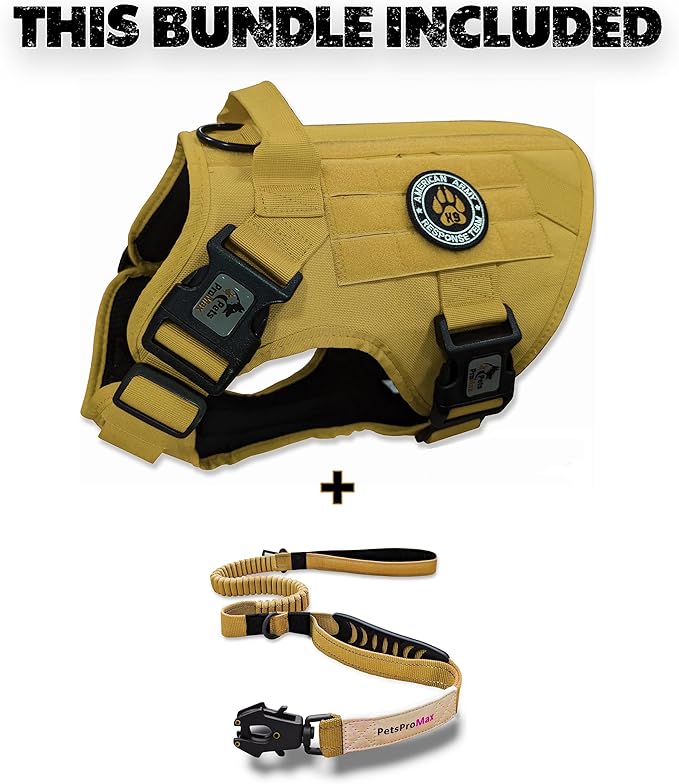 Tactical Dog Harness with Tactical Dog Leash as 1 Set for Large Dogs; Military Style Tactical Dog Vest and Bungee Dog Leash with Car Seat Buckle; Beige (Brown) L