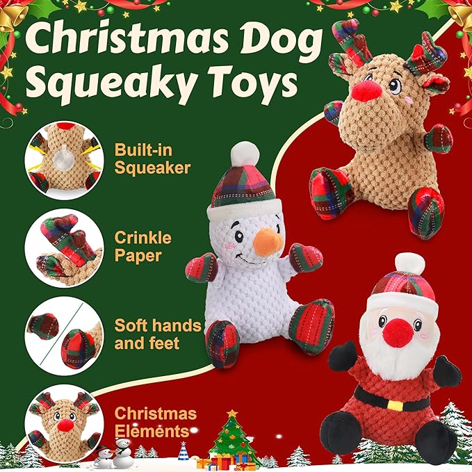 Squeaky Dog Toys, 3 Pack Dog Chew Toys with Crinkle Paper for Puppy, Small, Medium, Large Dogs, Interactive Pet Holiday Toys for Training and Reducing Boredom