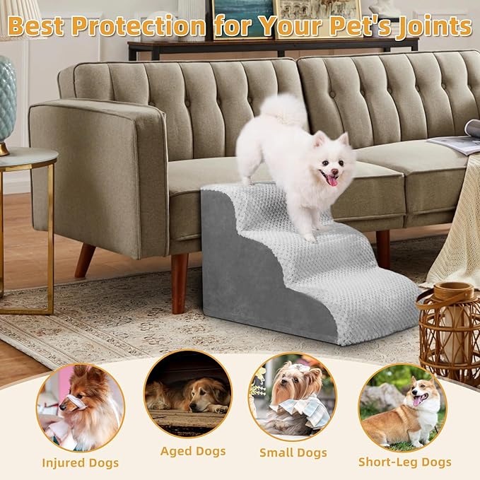 MIHIKK Dog Stairs Ramp, Curved 3-Step Dog Steps for Small Dogs and Cats, Pet Stairs for High Beds and Couch with Anti-Slip Washable Cover and Durable High Density Foam, Grey