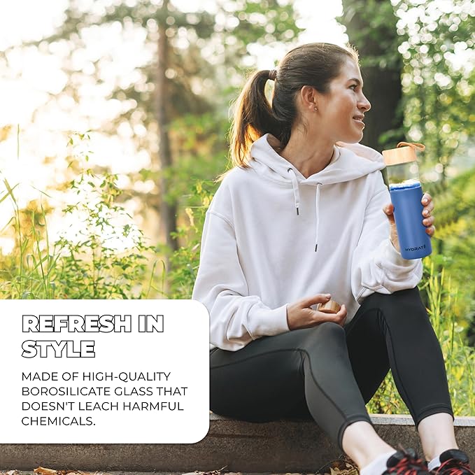 HYDRATE Glass Water Bottle, 25 oz - Gym Drinking Bottles with Slip Resistant Silicone Sleeve and Leak Proof Bamboo Lid - Clear Sports Bottle Made of Borosilicate Glass (10 x 3 inches, Blue)
