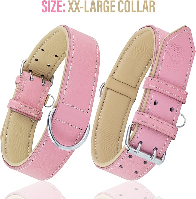Riparo Adjustable Leather Dog Collar - Heavy Duty Wide Dog Collar for Small, Medium, Large and Extra Large Dogs with Dog Tag Holder (XXL: 2” Wide for 26”-29” Neck, Pink)