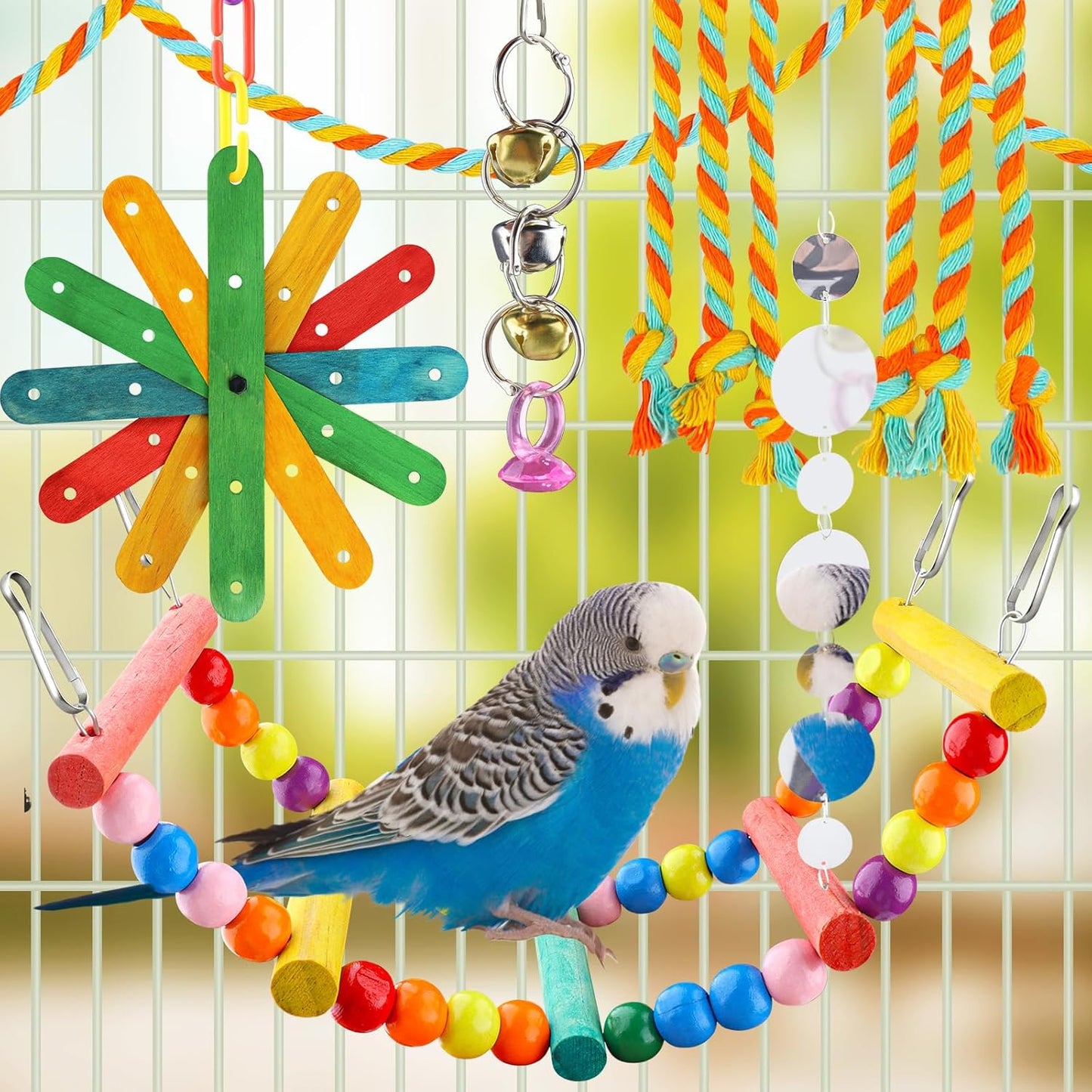8 pcs Bird Toys for Parakeets with Colorful Ladder Hammock Bird Cage Accessories Bird Perch Stand Chewing Toys Hanging Bell Parrot