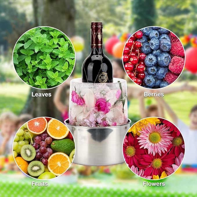 Ice Mold Wine Bottle Chiller Champagne Ice Bucket Mold, DIY Ice Mold with Flowers Fruits Theme Decors for Wine Champagne Cocktails, Wine Bucket Chiller for Parties Bar Wedding Festival Holiday