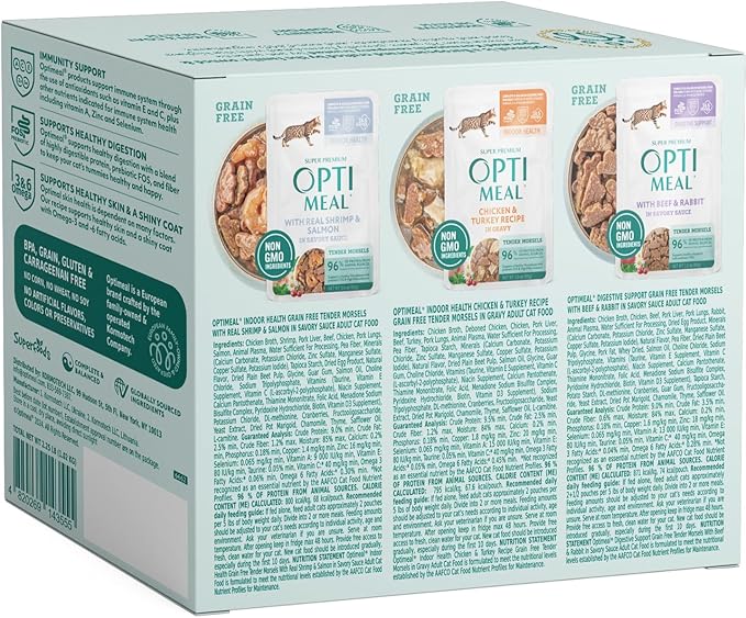 Optimeal Wet Cat Food Variety Pack - Grain Free Tender Morsels, High Protein Premium Nutrition Made with Natural European Ingredients in Savory Gravy, Adult Wet Cat Food Pouches 3oz Pouch (Pack of 12)