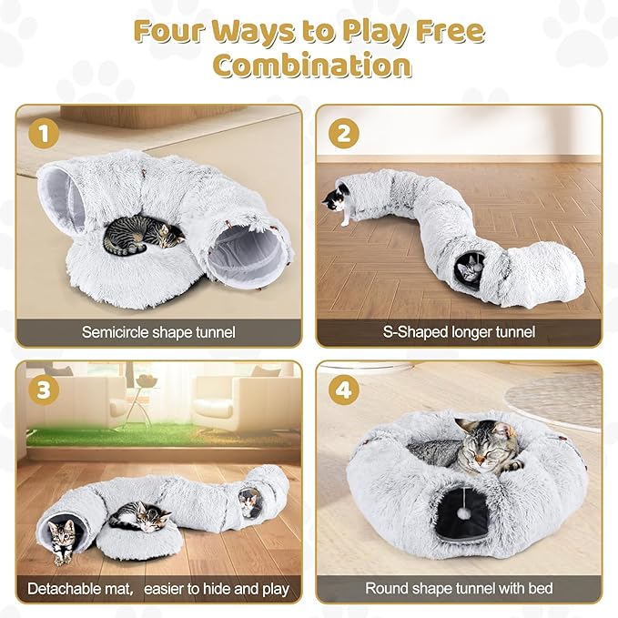 Odoland Cat Tunnel Bed with 20 Cat Toys - Indoor Plush Kitten Couch,Detachable Cats Cave Donut Tunnel & Soft Kitten Toy Set-Cozy Cat Furniture Grey